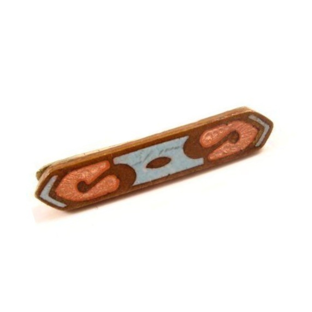 Vintage Art Deco Enamel Bar Pin Gold Tone Blue Copper Geometric‎ Brooch 1.125"